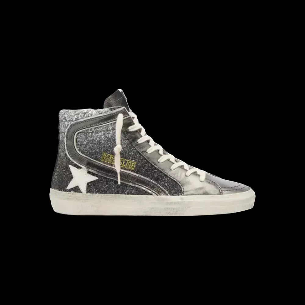 Golden Goose Slide In Black And Silver Glitter With Leather Star And Metallic Flash - HypeFly India View 1