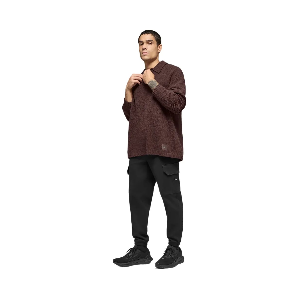 Alo Men's Textured Knit Long Sleeve Polo - Brownstone - HypeFly India View 4