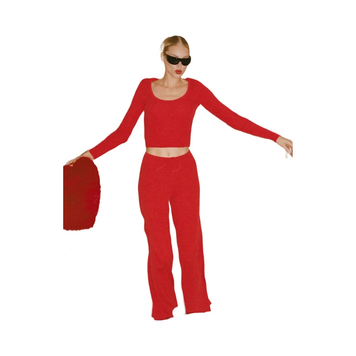 Alo Women's Sweater Knit Mid-Rise Unwind Wide Leg Pant - Bright Red - HypeFly India View 6