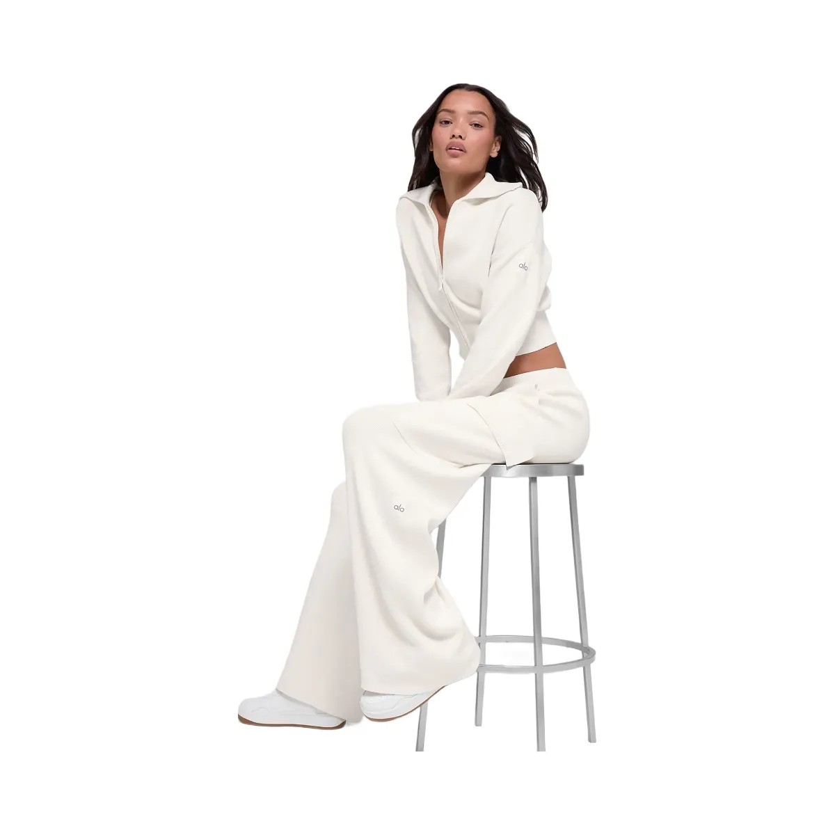 Alo Women's Scholar Knit Cropped Full Zip Jacket - Ivory - HypeFly India View 3