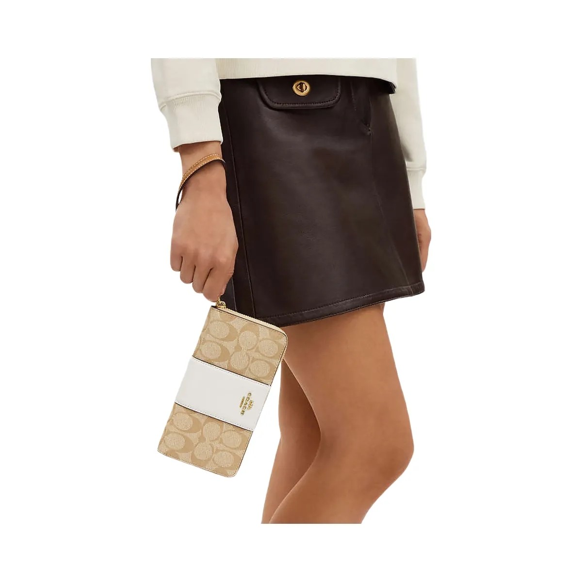 Coach Long Zip Around Wallet In Signature Canvas With Stripe Signature Canvas-Gold-Light Khaki-Chalk Lt Saddle - HypeFly India View 2