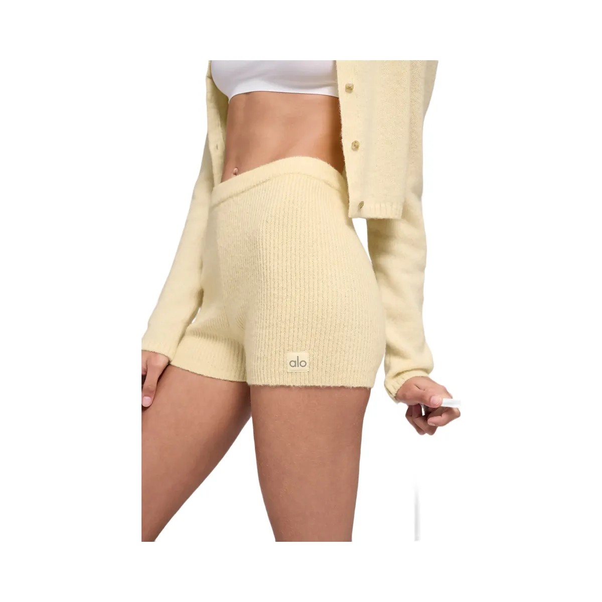 Alo Women's Wool Cashmere Ribbed Noble Short - Candlelight Yellow - HypeFly India View 2