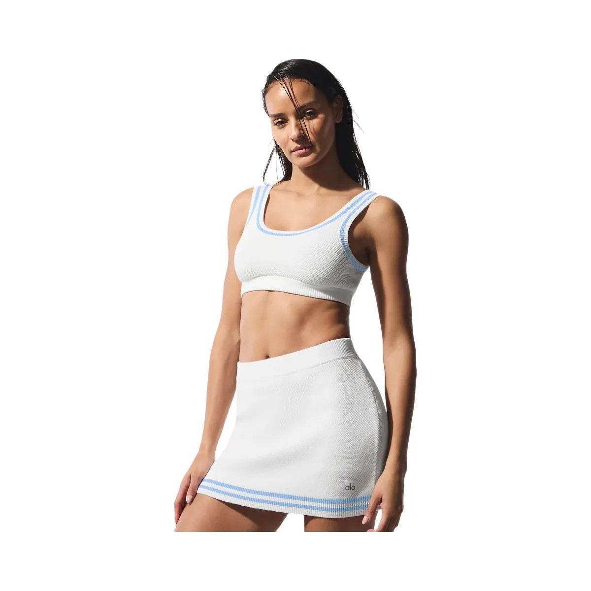 Alo Women's Tennis Club Sweater Knit Bra - White/Seashell Blue - HypeFly India View 2