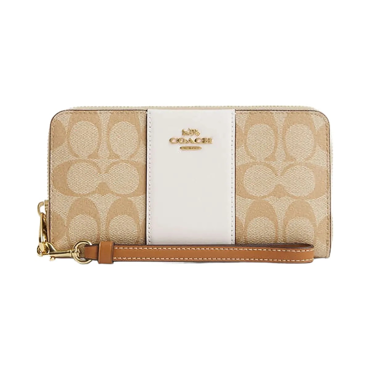 Coach Long Zip Around Wallet In Signature Canvas With Stripe Signature Canvas-Gold-Light Khaki-Chalk Lt Saddle - HypeFly India View 4