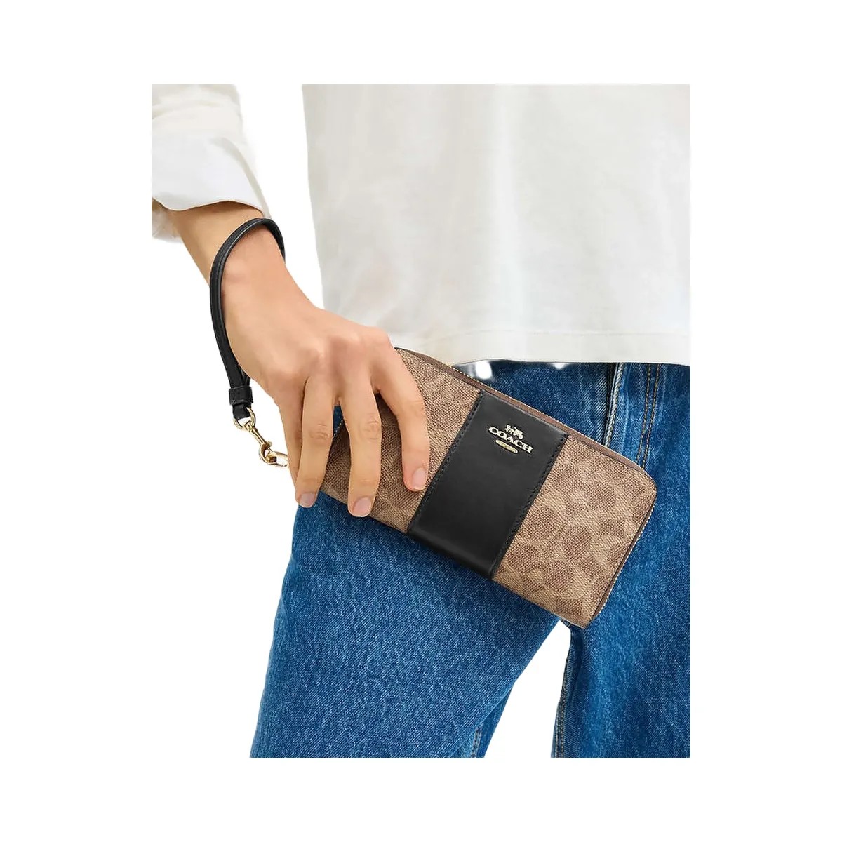 Coach Long Zip Around Wallet In Signature Canvas With Stripe Signature Canvas-Gold-Tan-Black - HypeFly India View 1