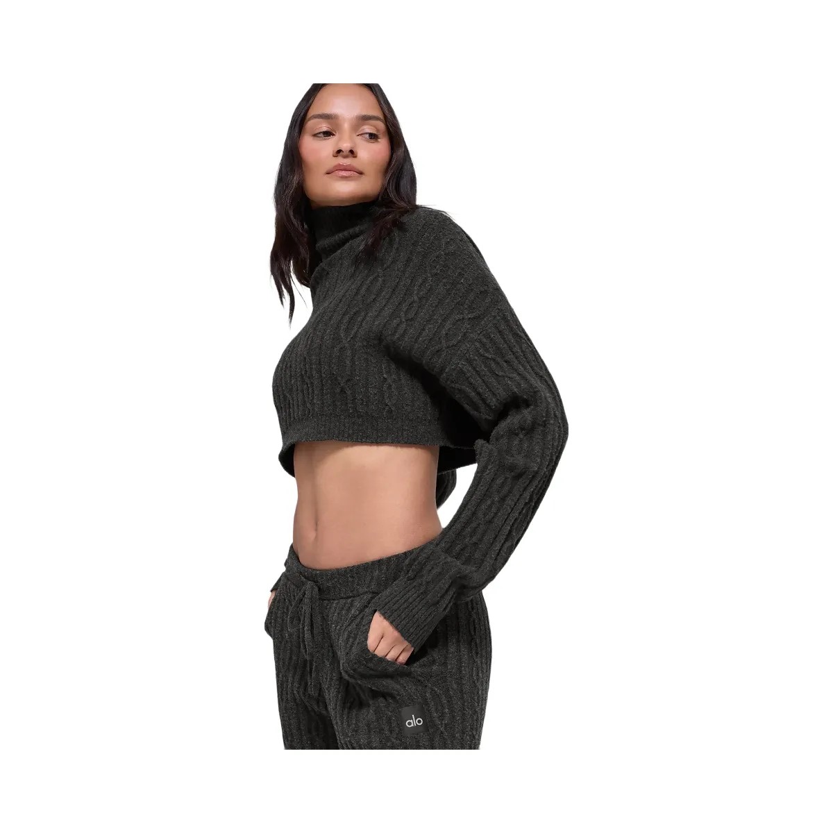 Alo Women's Cable Knit Cropped Winter Bliss Turtleneck Long Sleeve - Dark Heather Grey - HypeFly India View 3