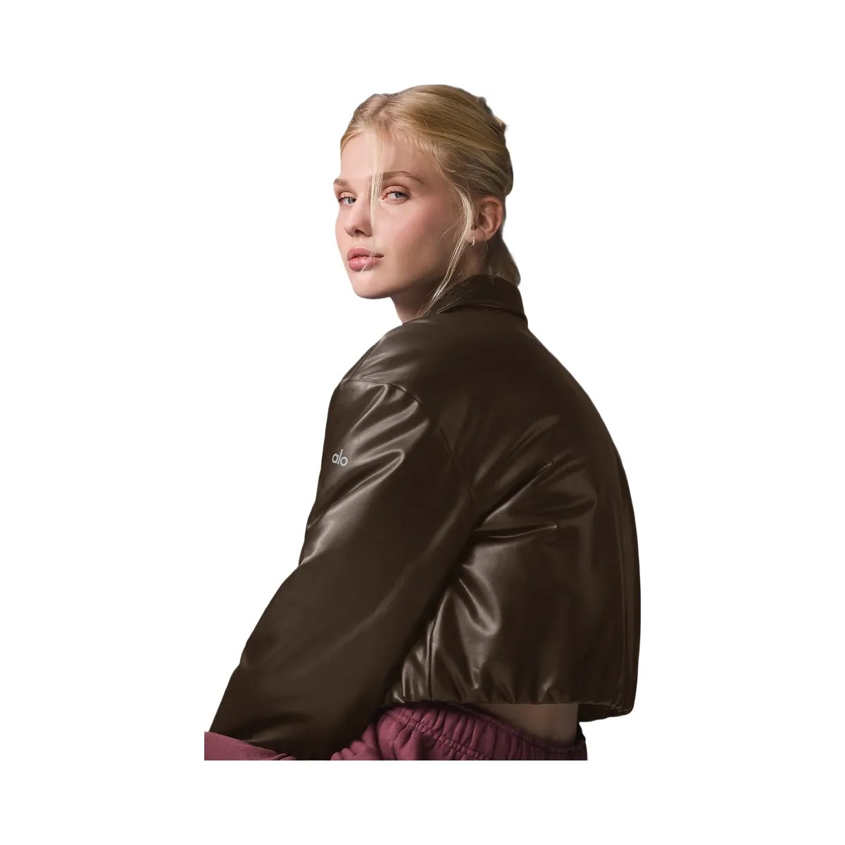 Alo Women's Faux Leather Cropped Premier Bomber - Espresso - HypeFly India View 4