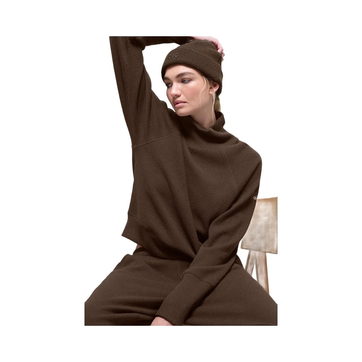 Alo Women's Waffle Weekend Escape Mock Neck Long Sleeve - Espresso - HypeFly India View 4