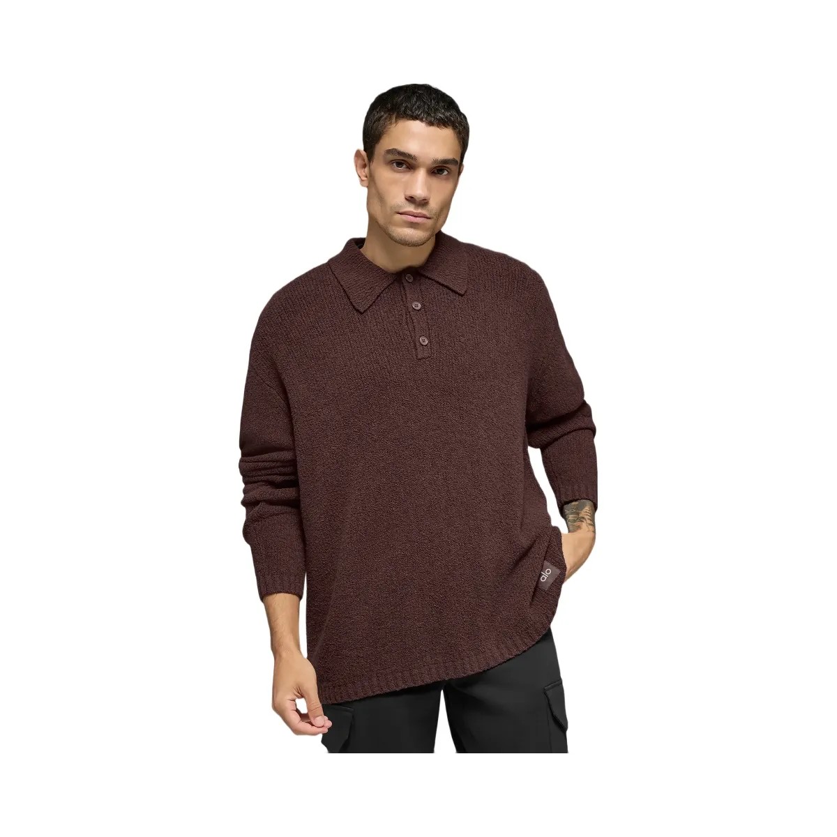 Alo Men's Textured Knit Long Sleeve Polo - Brownstone - HypeFly India View 1