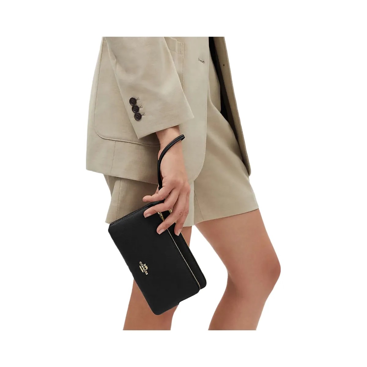 Coach Double Zip Wallet Pebbled Leather-Gold-Black - HypeFly India View 3