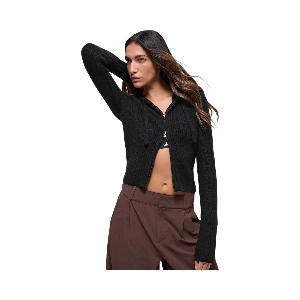 Alo Women's Wool Cashmere Ribbed Noble Full Zip Hoodie - Black - HypeFly India View 5