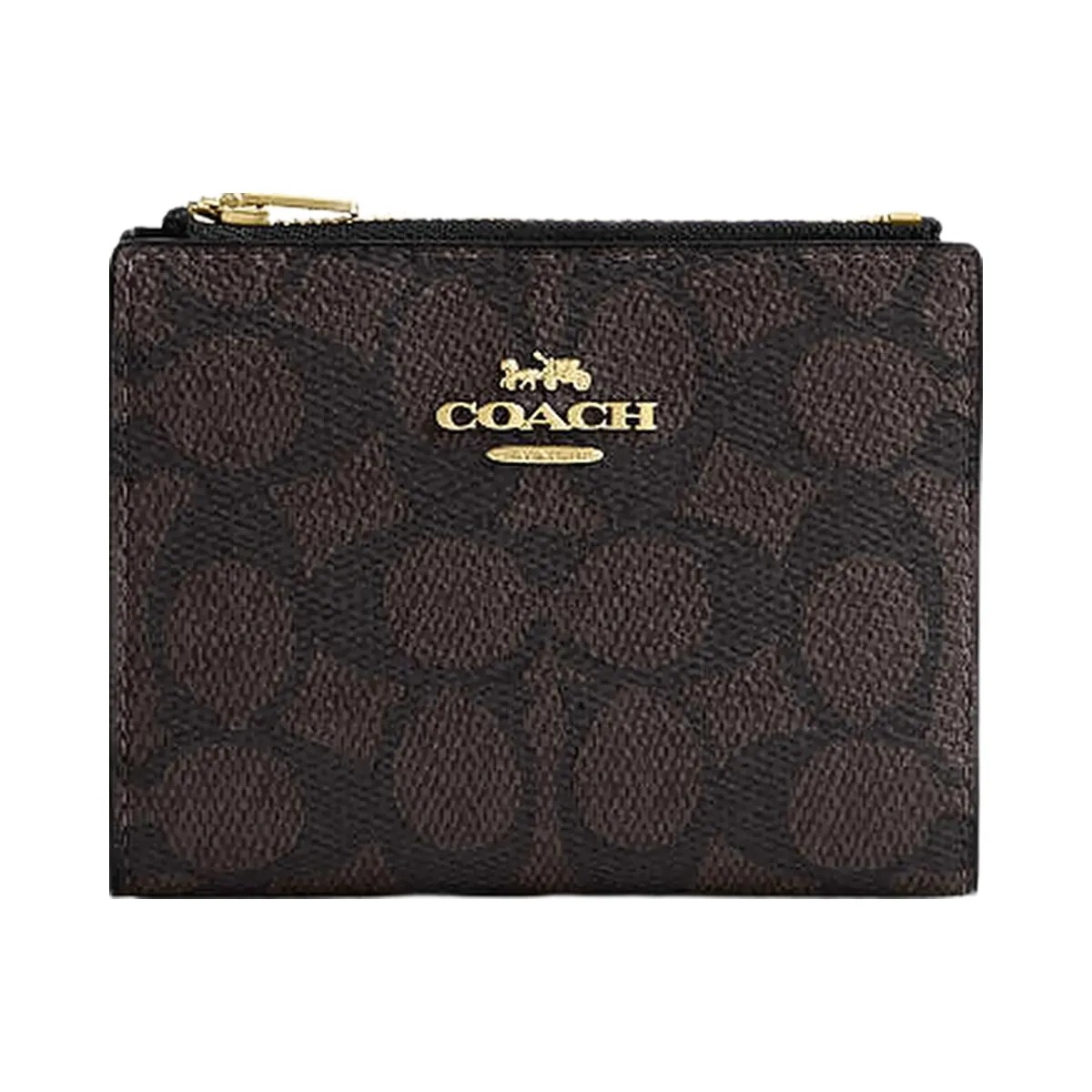 Coach Bifold Wallet In Signature Canvas Signature Canvas-Gold-Walnut-Black - HypeFly India View 1