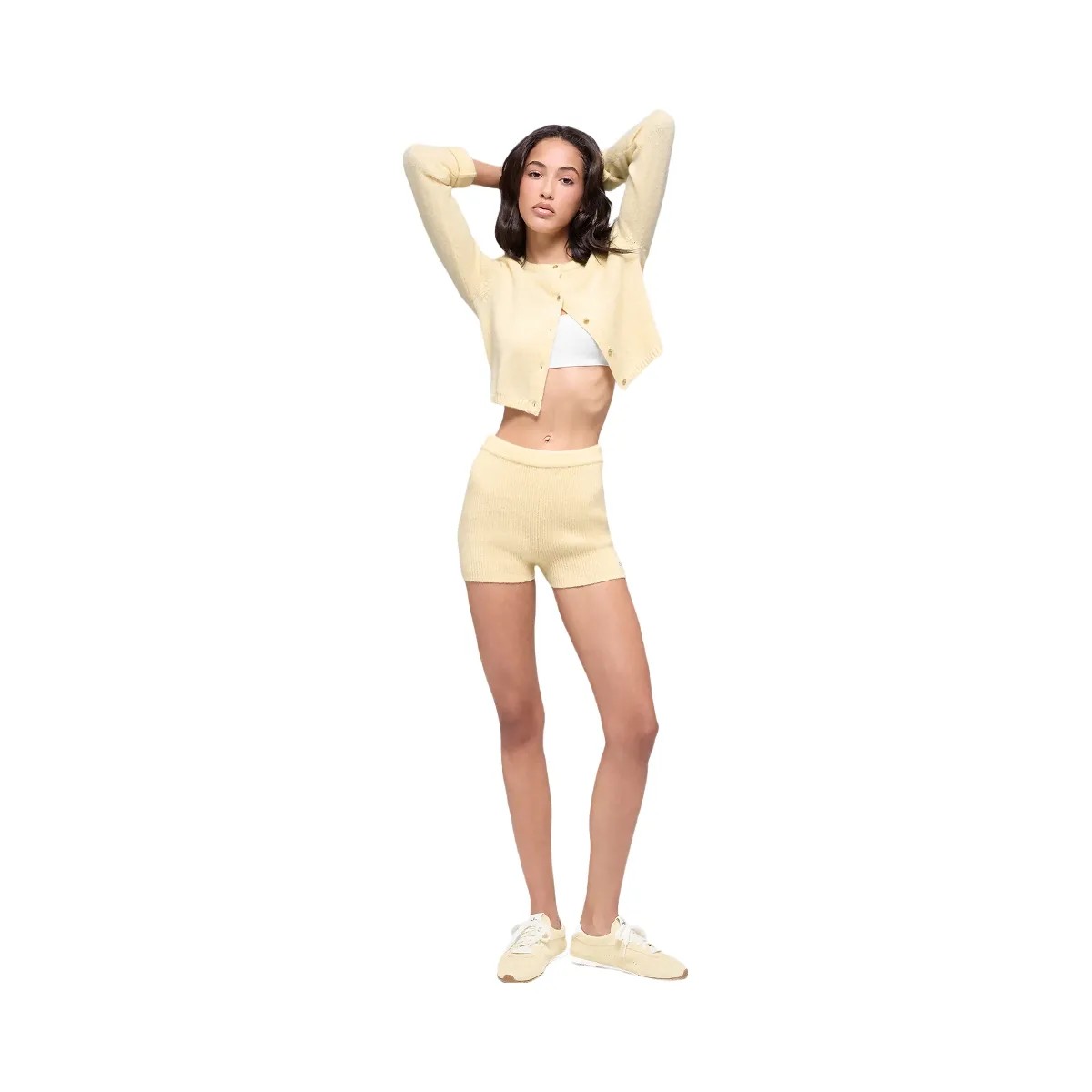 Alo Women's Wool Cashmere Ribbed Noble Short - Candlelight Yellow - HypeFly India View 5