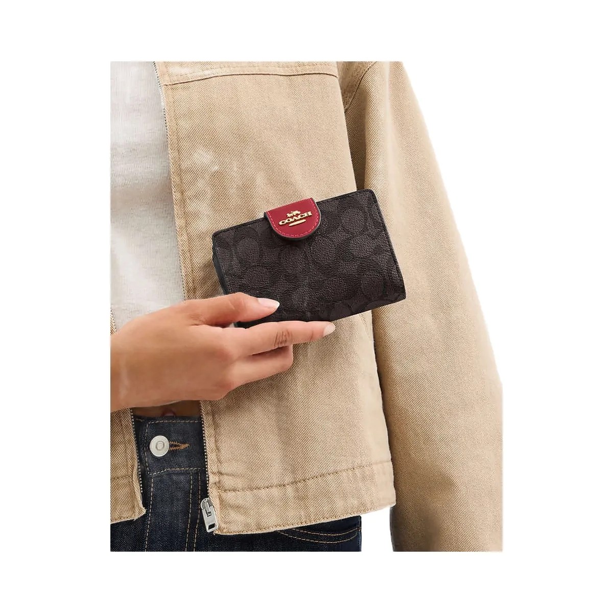 Coach Medium Corner Zip Wallet In Signature Canvas Signature Canvas-Im-Walnut-True Red - HypeFly India View 2