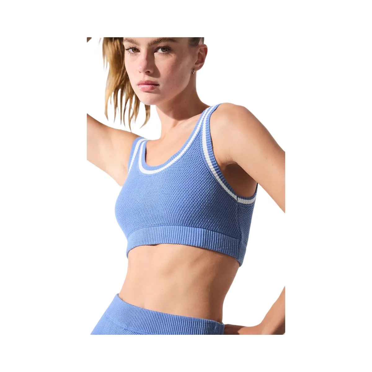 Alo Women's Tennis Club Sweater Knit Bra - Crystal Clear Blue/White - HypeFly India View 4
