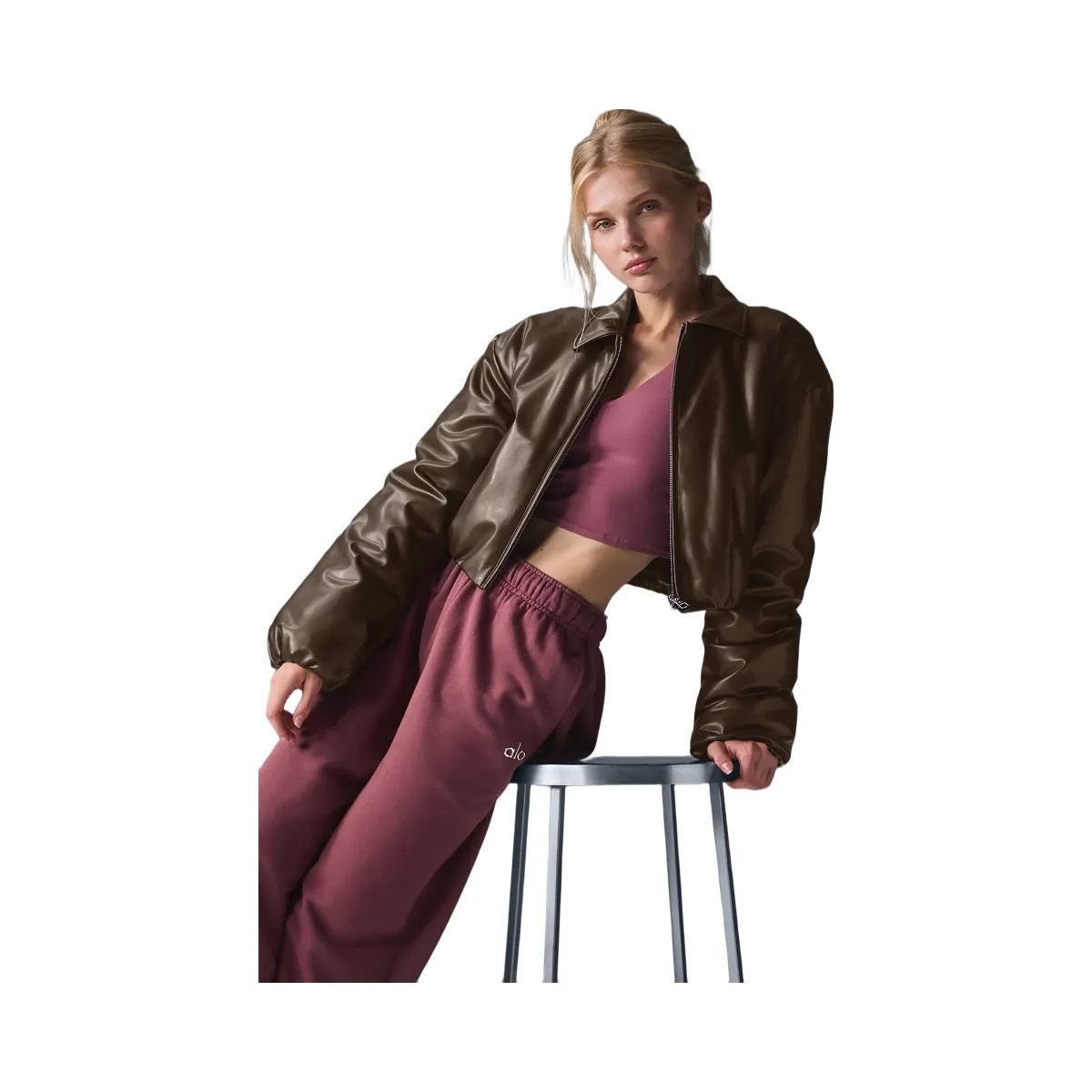 Alo Women's Faux Leather Cropped Premier Bomber - Espresso - HypeFly India View 6