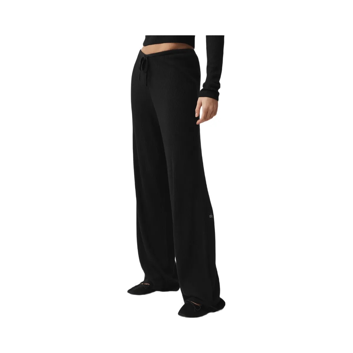 Alo Women's Sweater Knit Mid-Rise Unwind Wide Leg Pant - Black - HypeFly India View 3