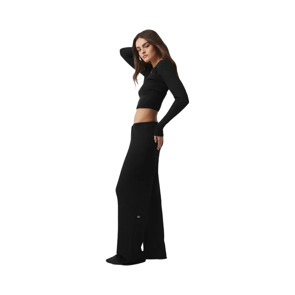 Alo Women's Sweater Knit Mid-Rise Unwind Wide Leg Pant - Black - HypeFly India View 4