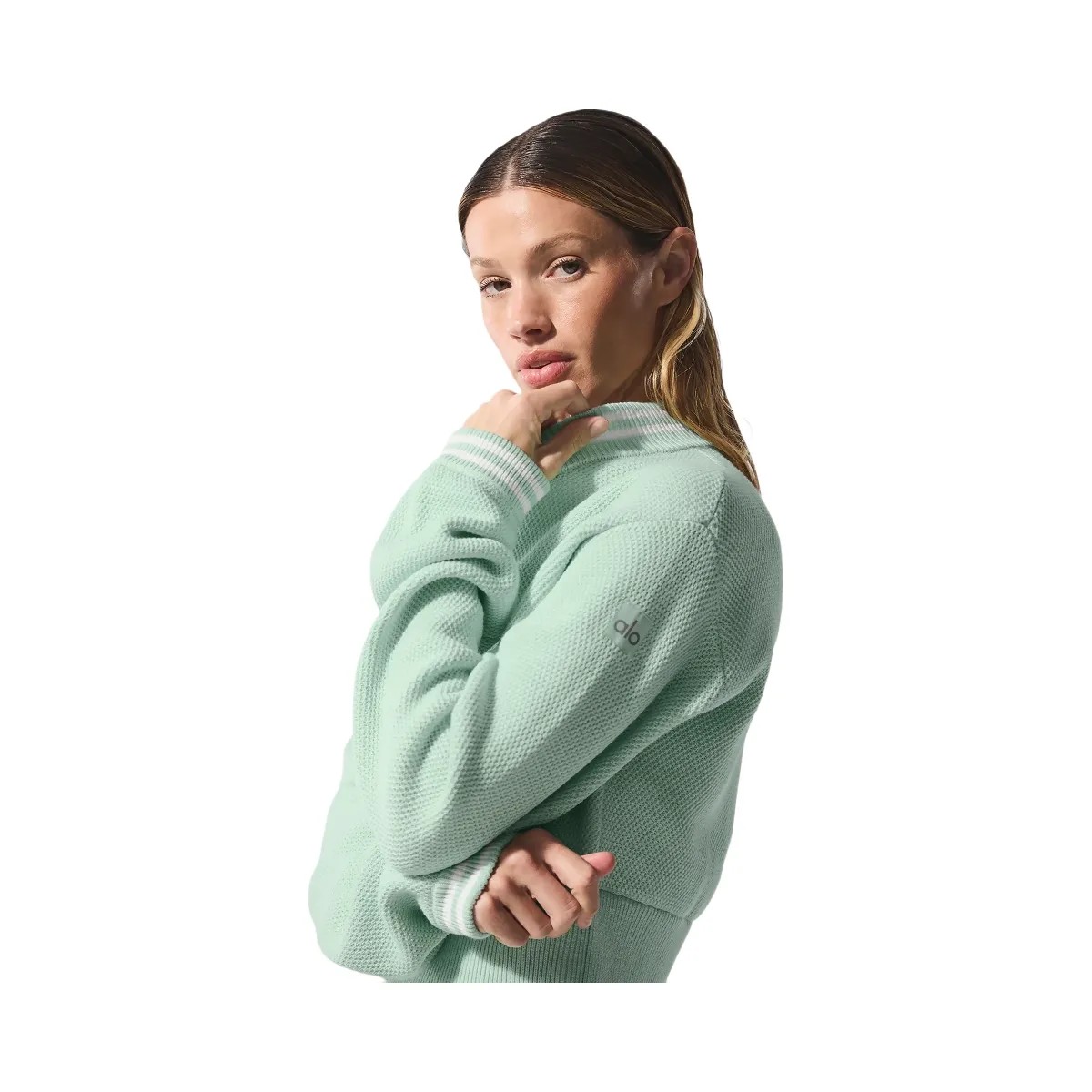 Alo Women's Tennis Club Sweater Knit Full Zip Jacket - Spearmint/White - HypeFly India View 2