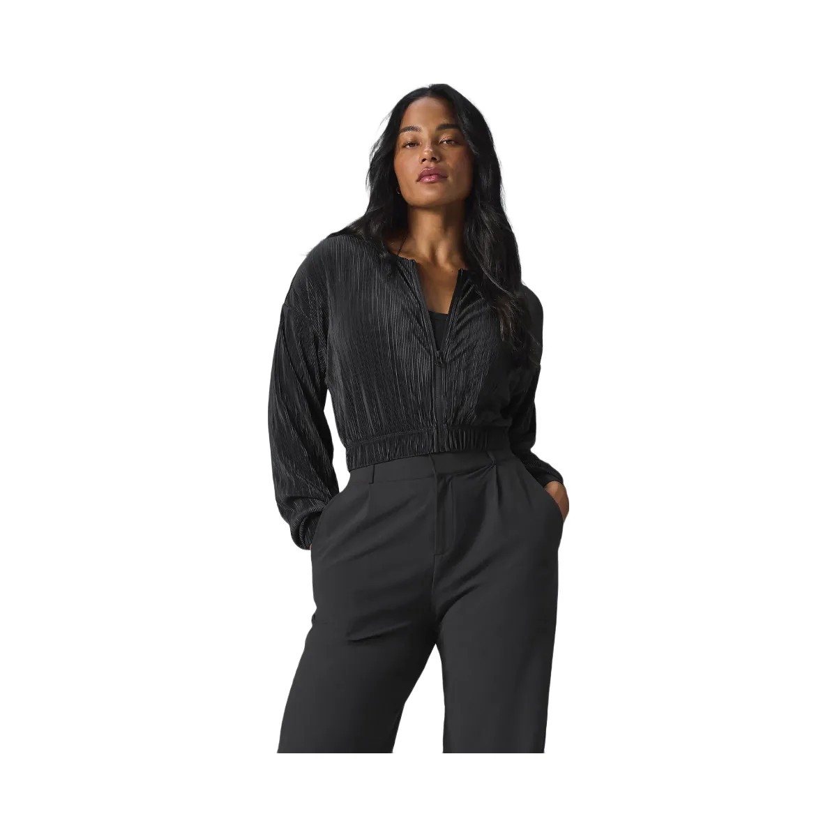Alo Women's Cropped Micro Plisse Jacket - Black - HypeFly India View 1