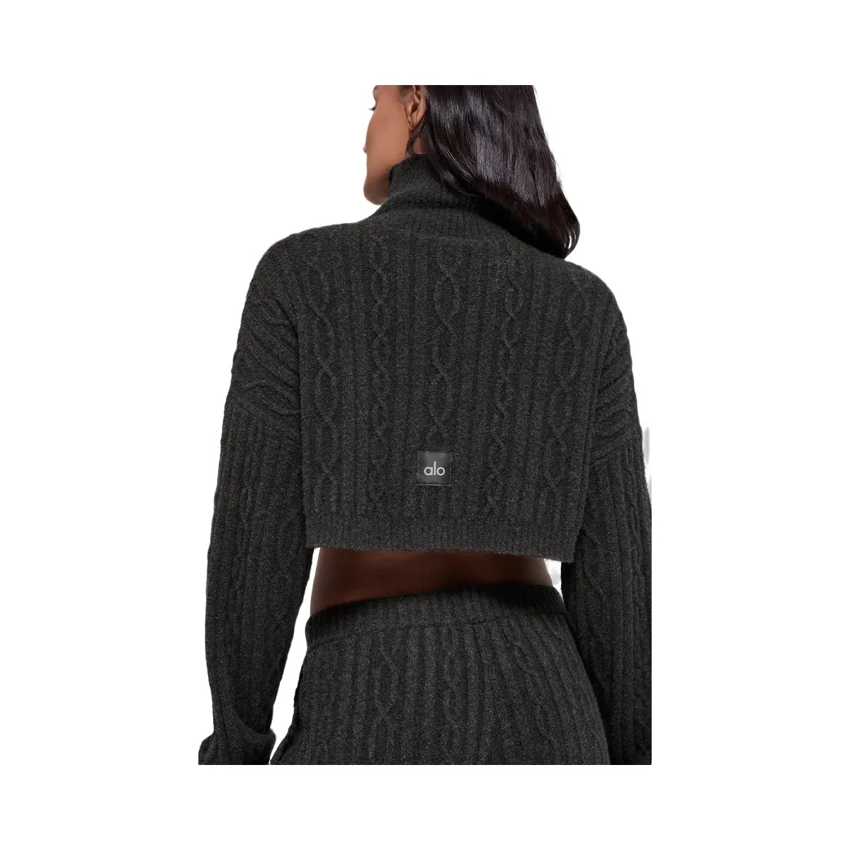 Alo Women's Cable Knit Cropped Winter Bliss Turtleneck Long Sleeve - Dark Heather Grey - HypeFly India View 5