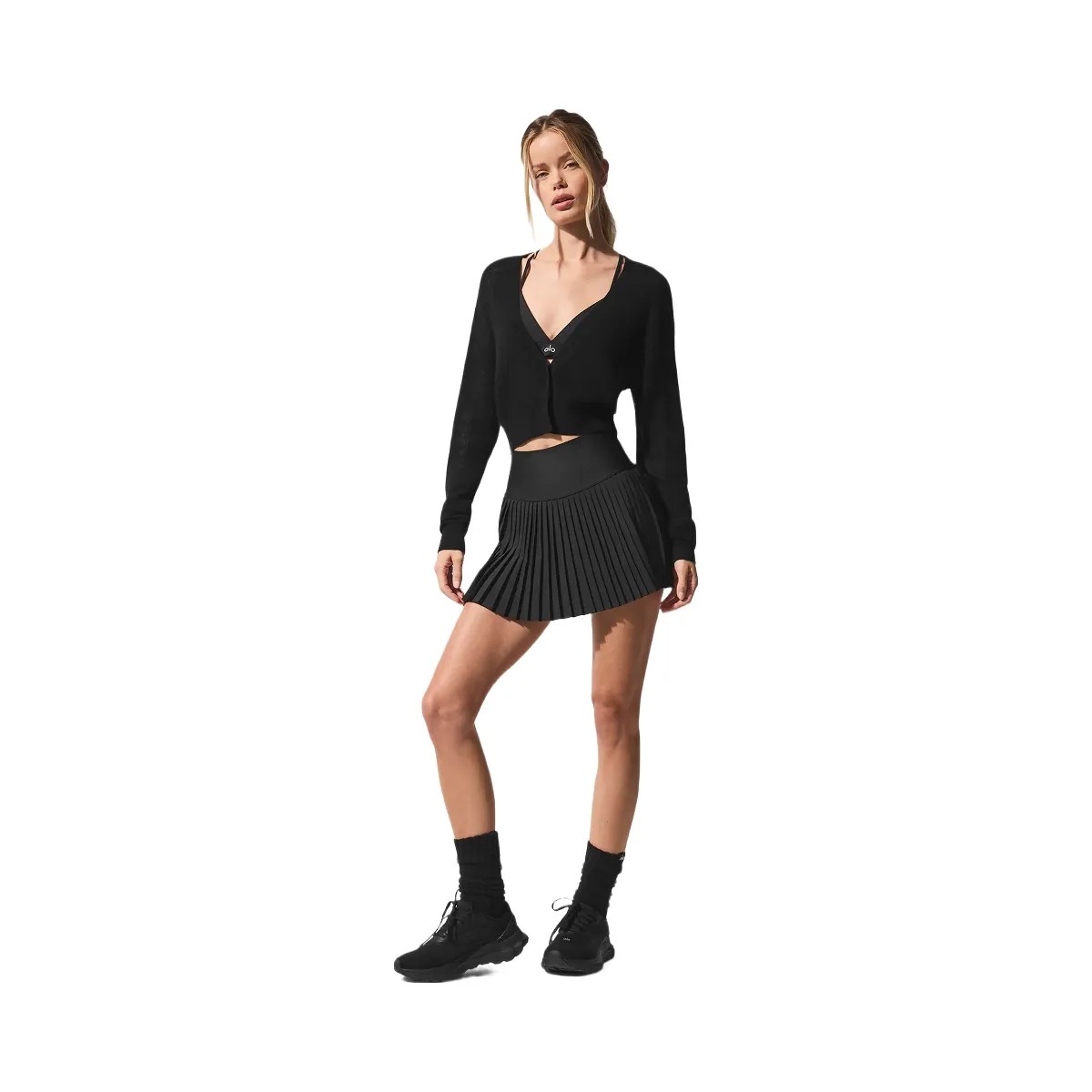Alo Women's Sheer Cashmere Cropped Cardigan - Black - HypeFly India View 1