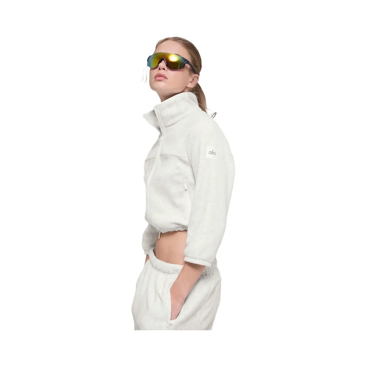 Alo Women's Polar Fleece Retreat Cropped Jacket - White Heather Grey - HypeFly India View 2