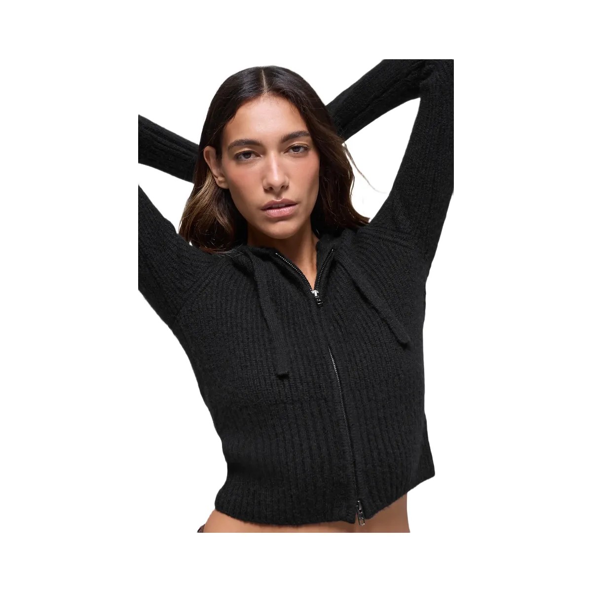 Alo Women's Wool Cashmere Ribbed Noble Full Zip Hoodie - Black - HypeFly India View 1