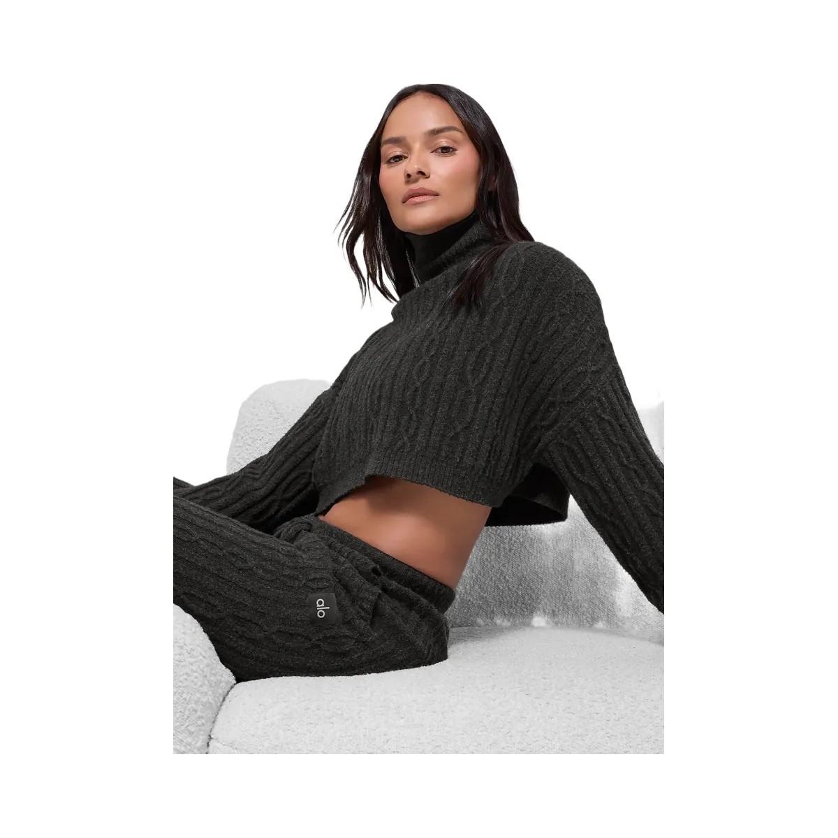 Alo Women's Cable Knit Cropped Winter Bliss Turtleneck Long Sleeve - Dark Heather Grey - HypeFly India View 4