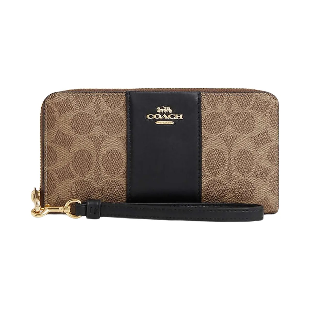 Coach Long Zip Around Wallet In Signature Canvas With Stripe Signature Canvas-Gold-Tan-Black - HypeFly India View 3