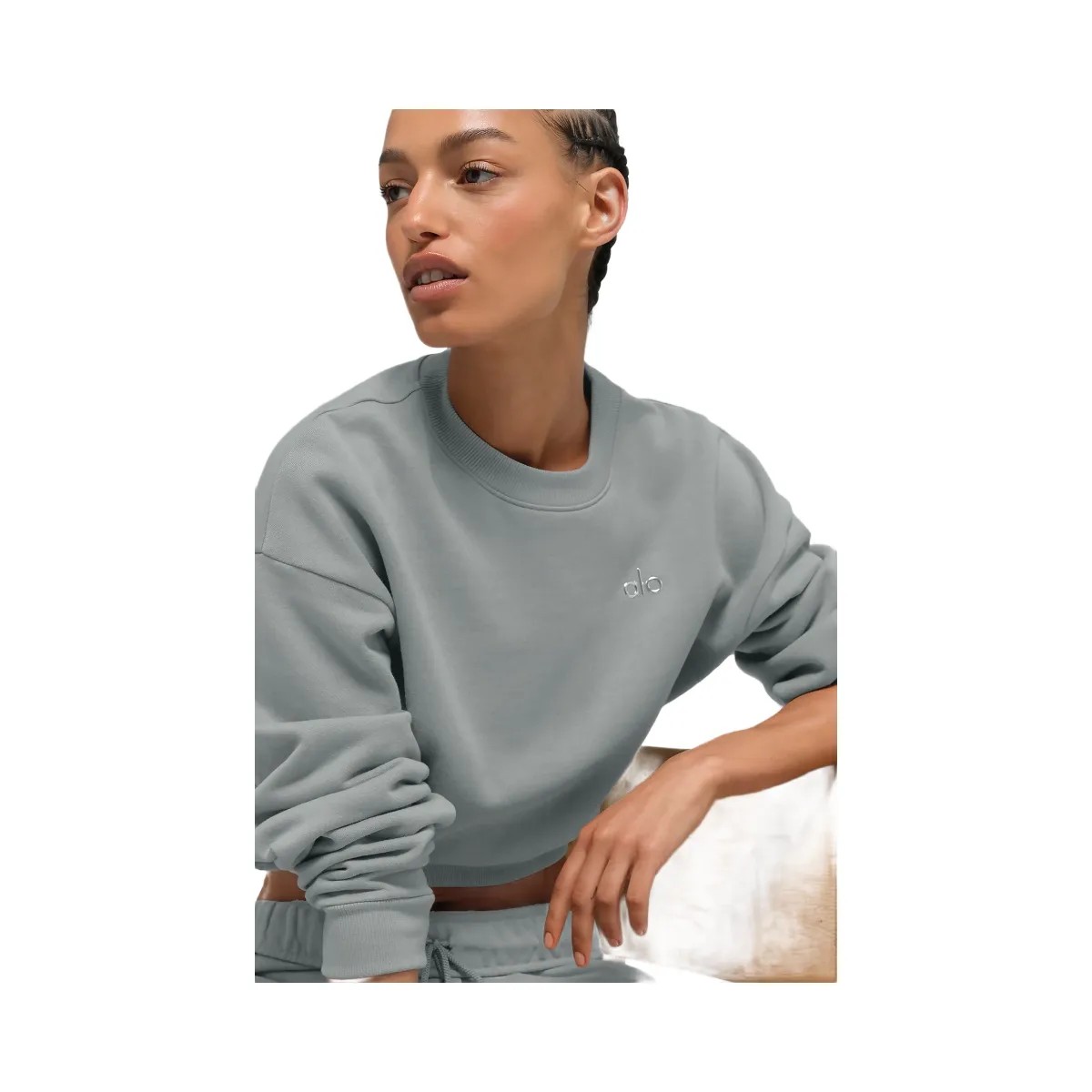 Alo Women's Cropped Accolade Crewneck - Lunar Grey - HypeFly India View 3