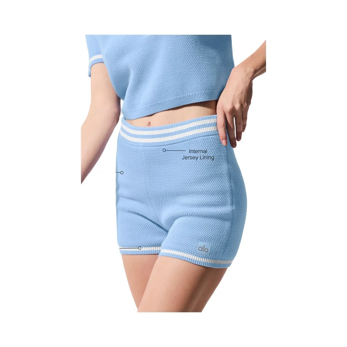 Alo Women's Tennis Club Sweater Knit Hot Short - Seashell Blue/White - HypeFly India View 1