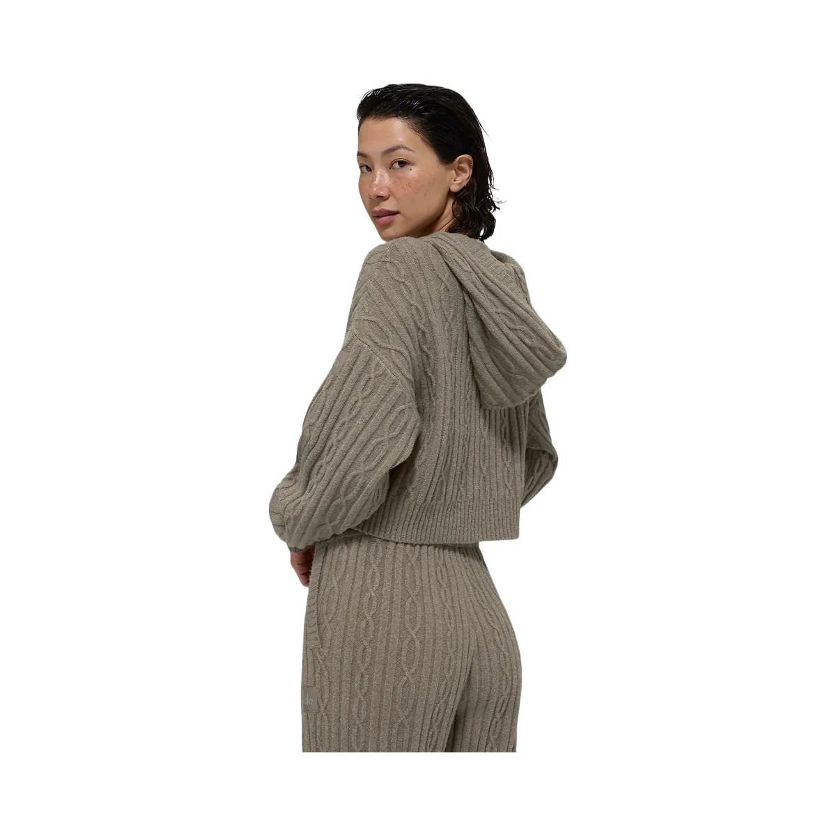 Alo Women's Cable Knit Winter Bliss Hoodie - Light Cocoa - HypeFly India View 3