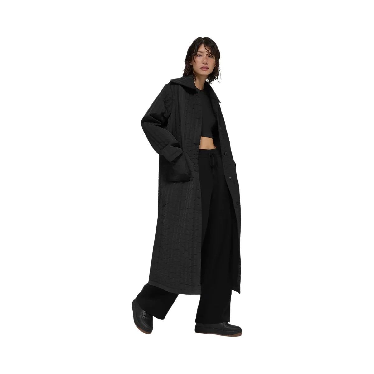 Alo Women's Quilted Skyline Long Coat - Black - HypeFly India View 3