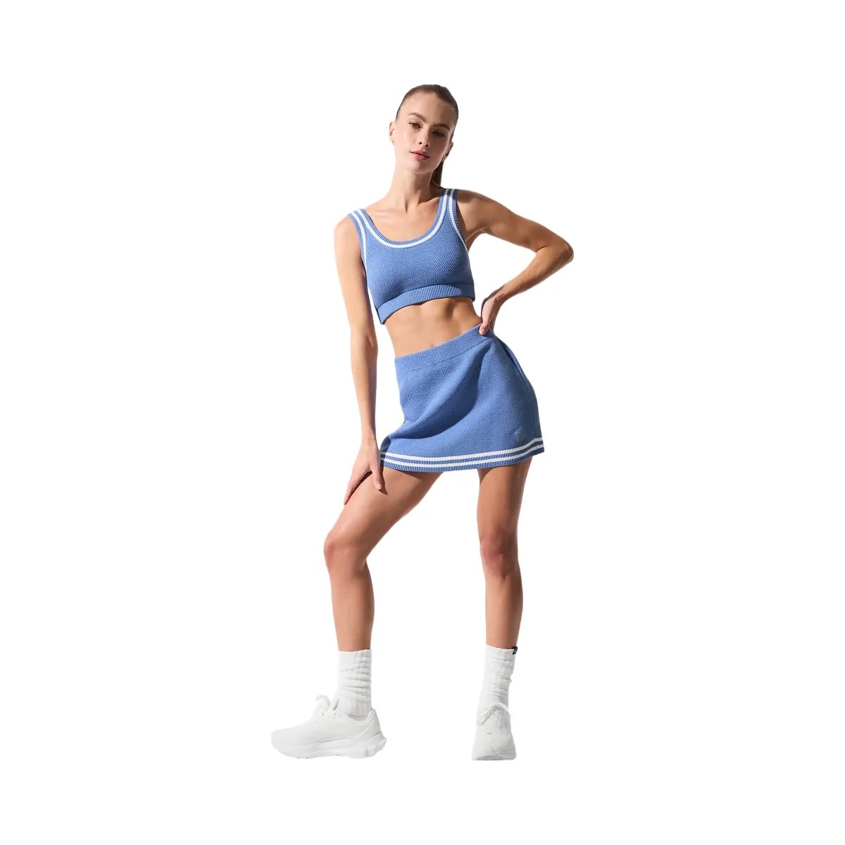Alo Women's Tennis Club Sweater Knit Bra - Crystal Clear Blue/White - HypeFly India View 3