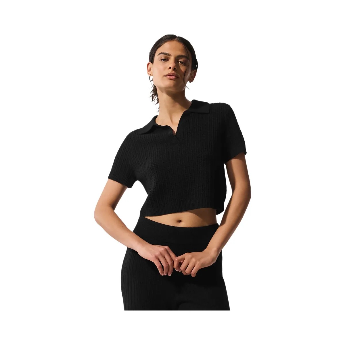 Alo Women's Cashmere Plush Waffle Polo Tee - Black - HypeFly India View 1