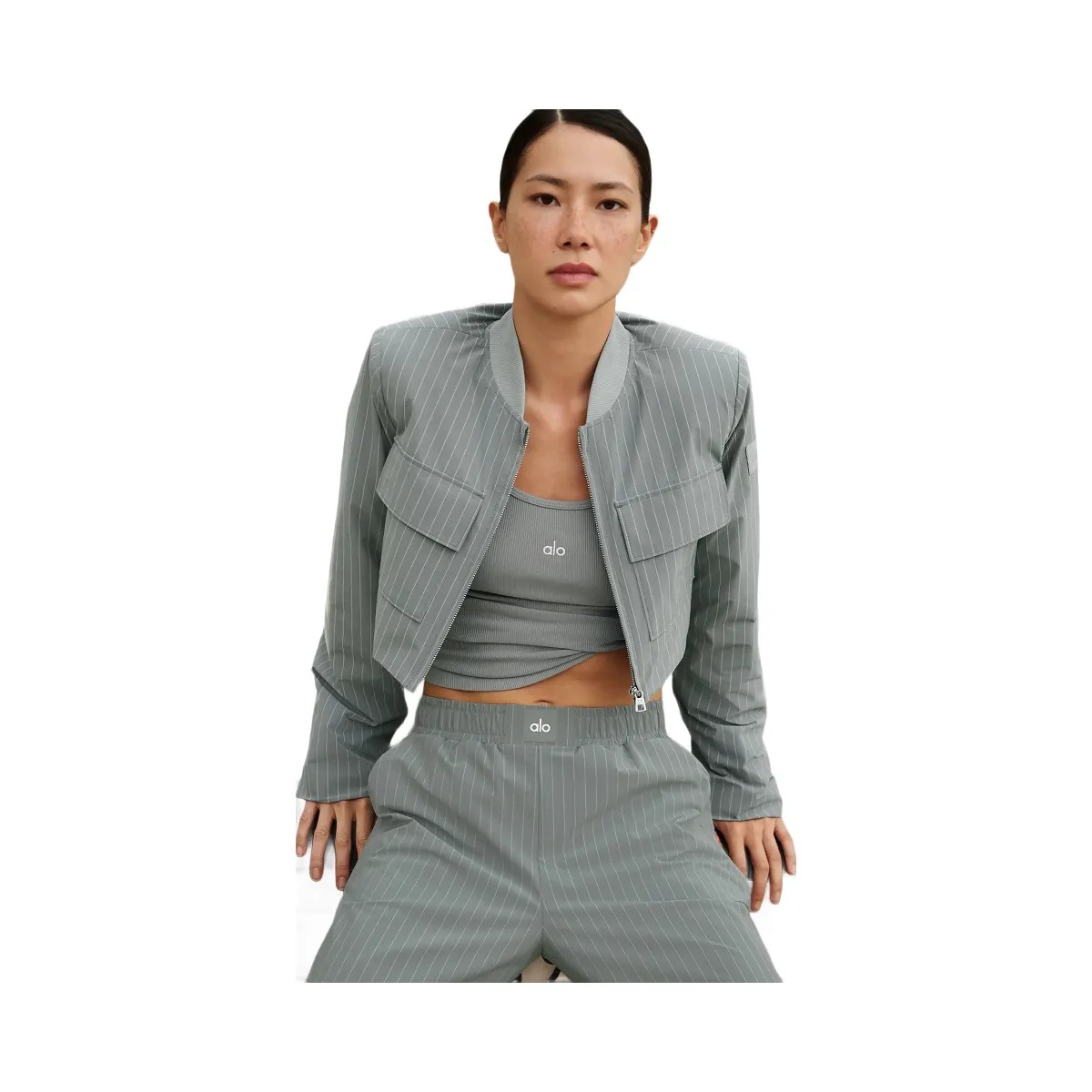 Alo Women's Cropped Pinstripe Main Character Full Zip Jacket - Lunar Grey/White - HypeFly India View 6