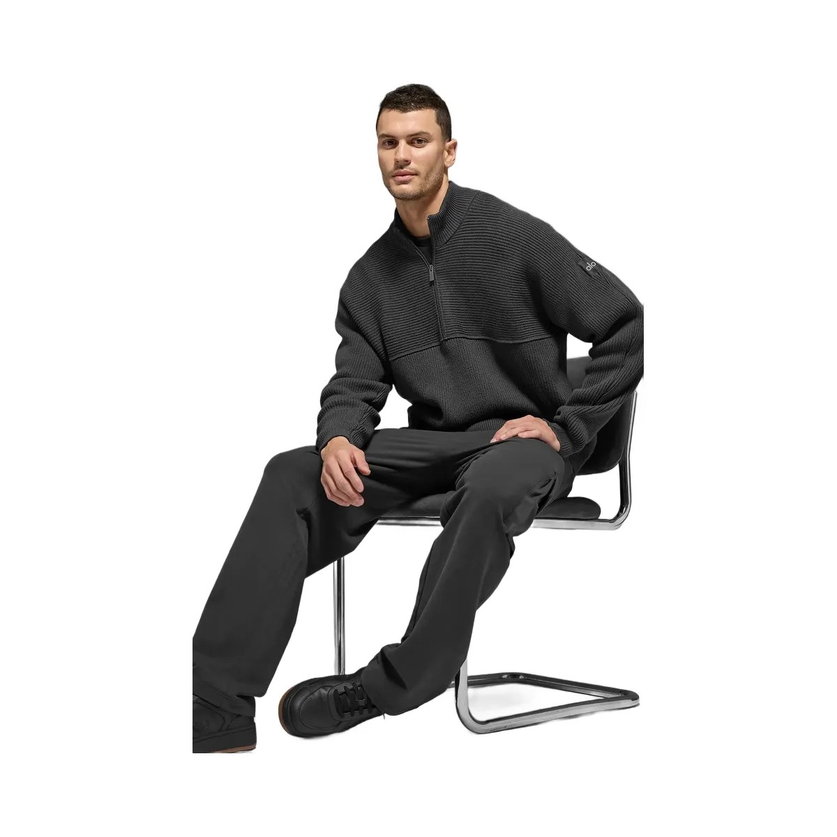 Alo Men's Domain Shift Rib Knit 1/4 Zip Sweater - Anthracite - HypeFly India View 5