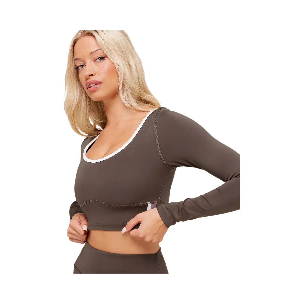 Gymshark Piping Long Sleeve Crop Top - Walnut Brown/Chestnut Pink/Soft White - HypeFly India View 5