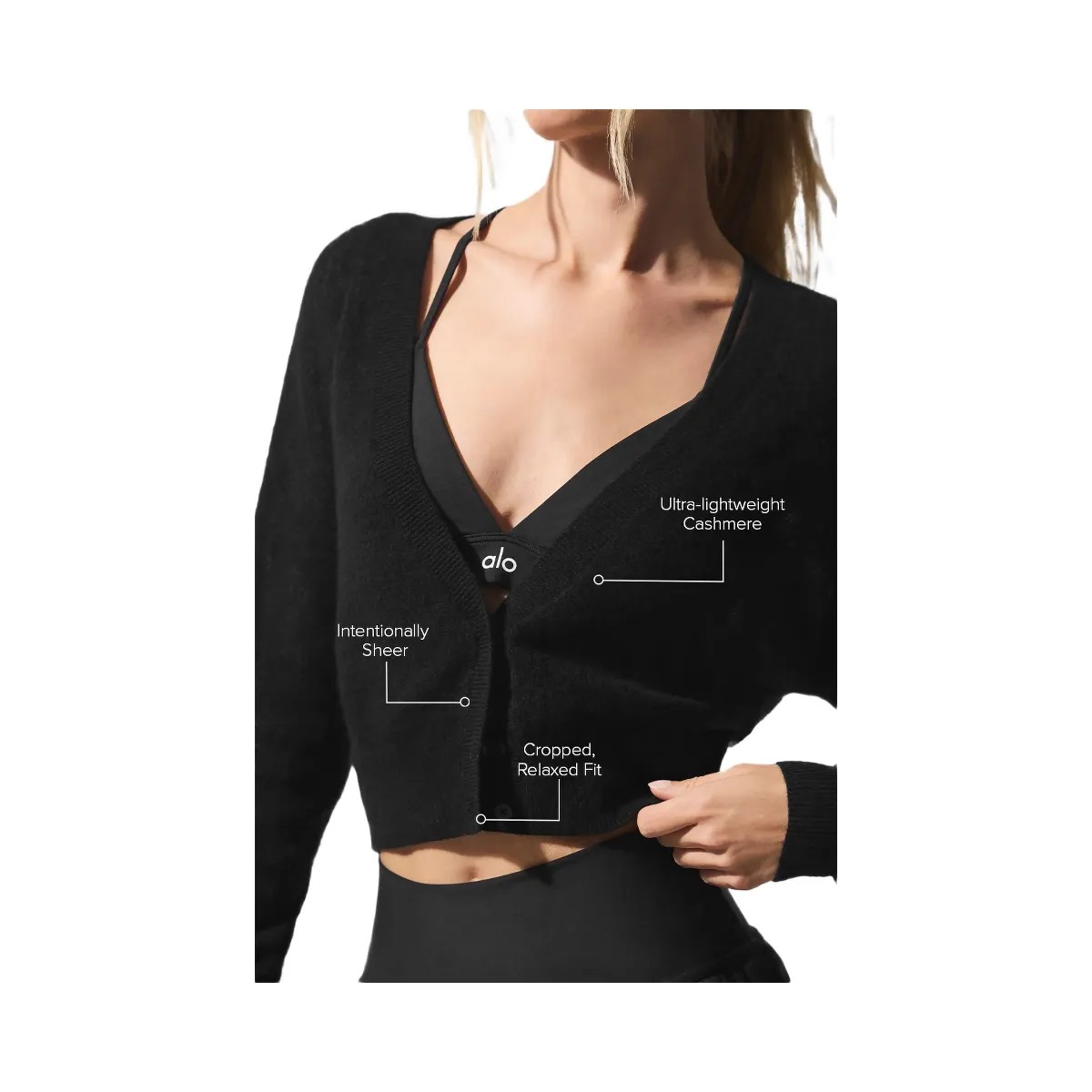 Alo Women's Sheer Cashmere Cropped Cardigan - Black - HypeFly India View 2