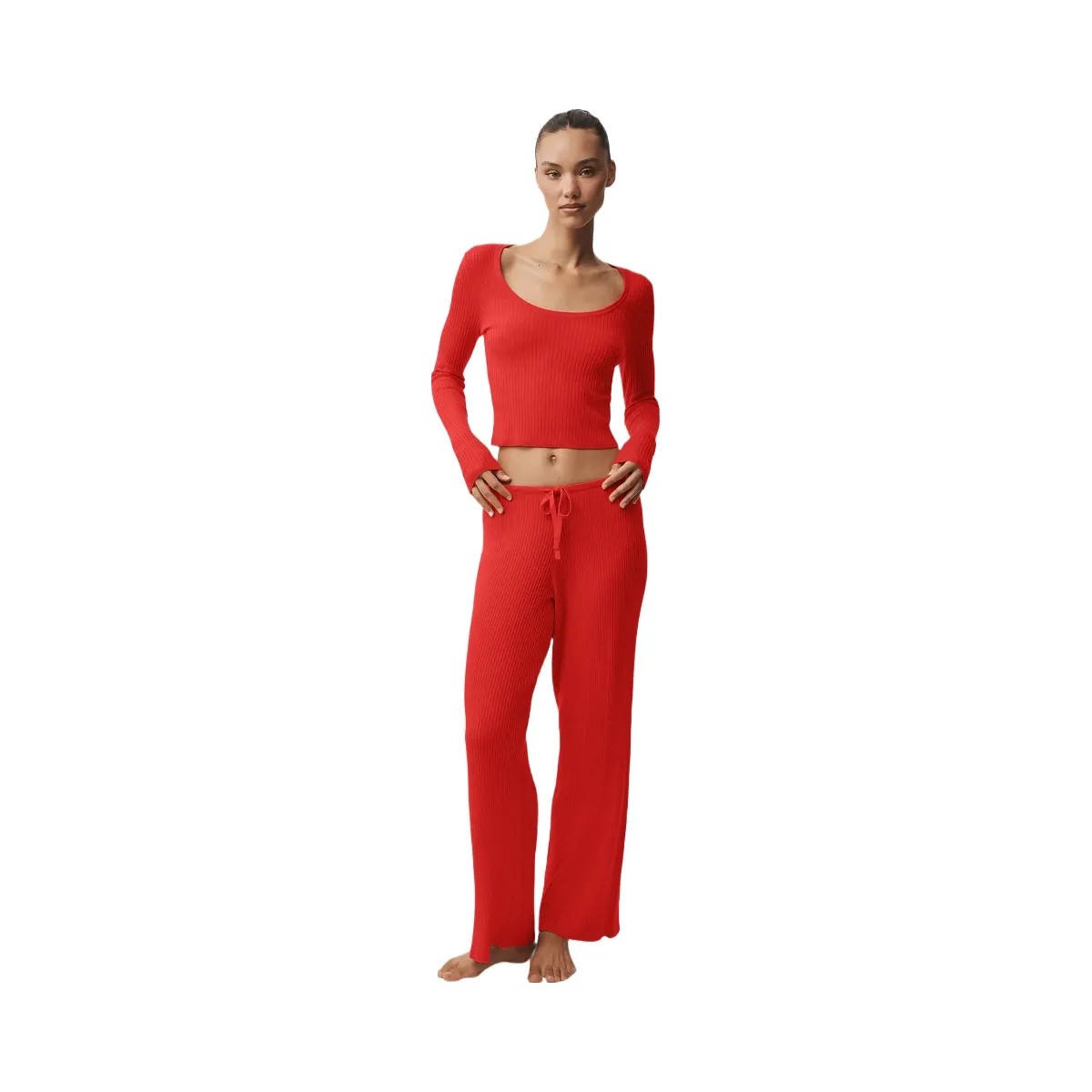 Alo Women's Sweater Knit Mid-Rise Unwind Wide Leg Pant - Bright Red - HypeFly India View 5
