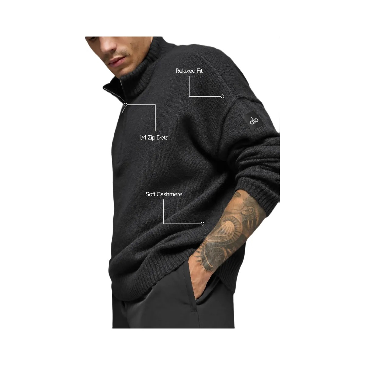 Alo Men's Wool Cashmere New Class 1/4 Zip Pullover - Black - HypeFly India View 2
