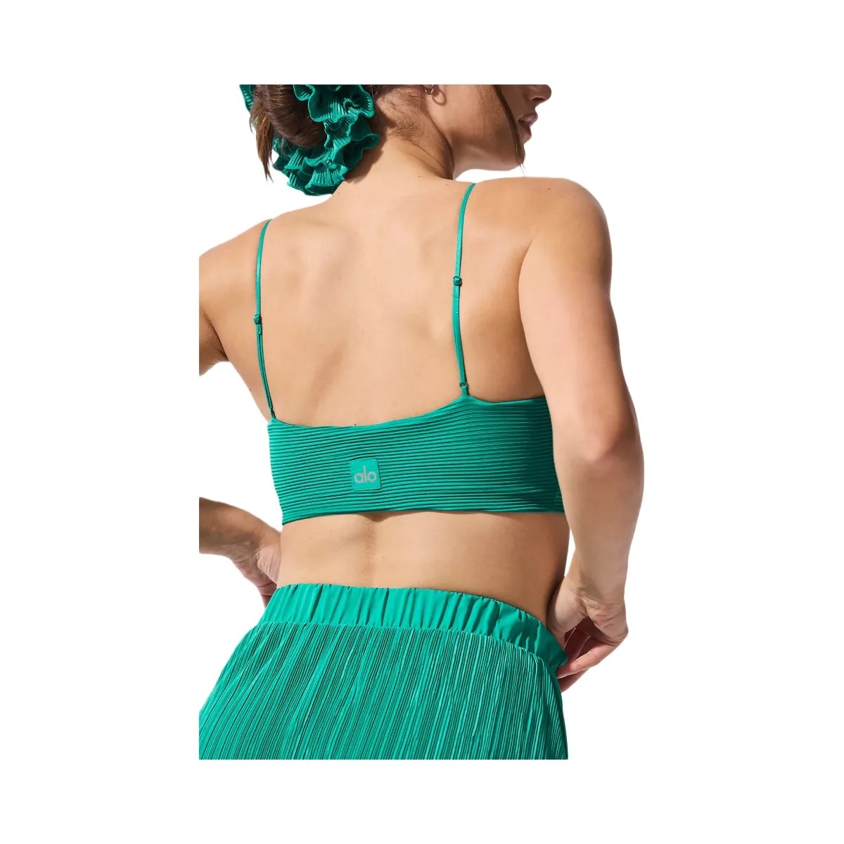 Alo Women's Micro Plisse Game On Bra - Spruce Green - HypeFly India View 3
