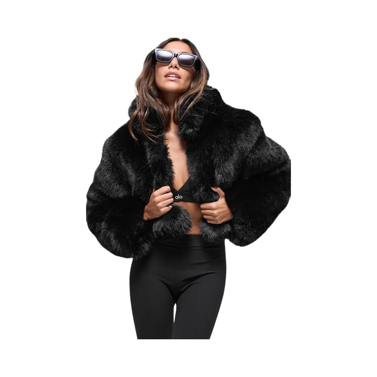 Alo Women's Opulent Faux Fur Cropped Jacket - Black - HypeFly India View 1