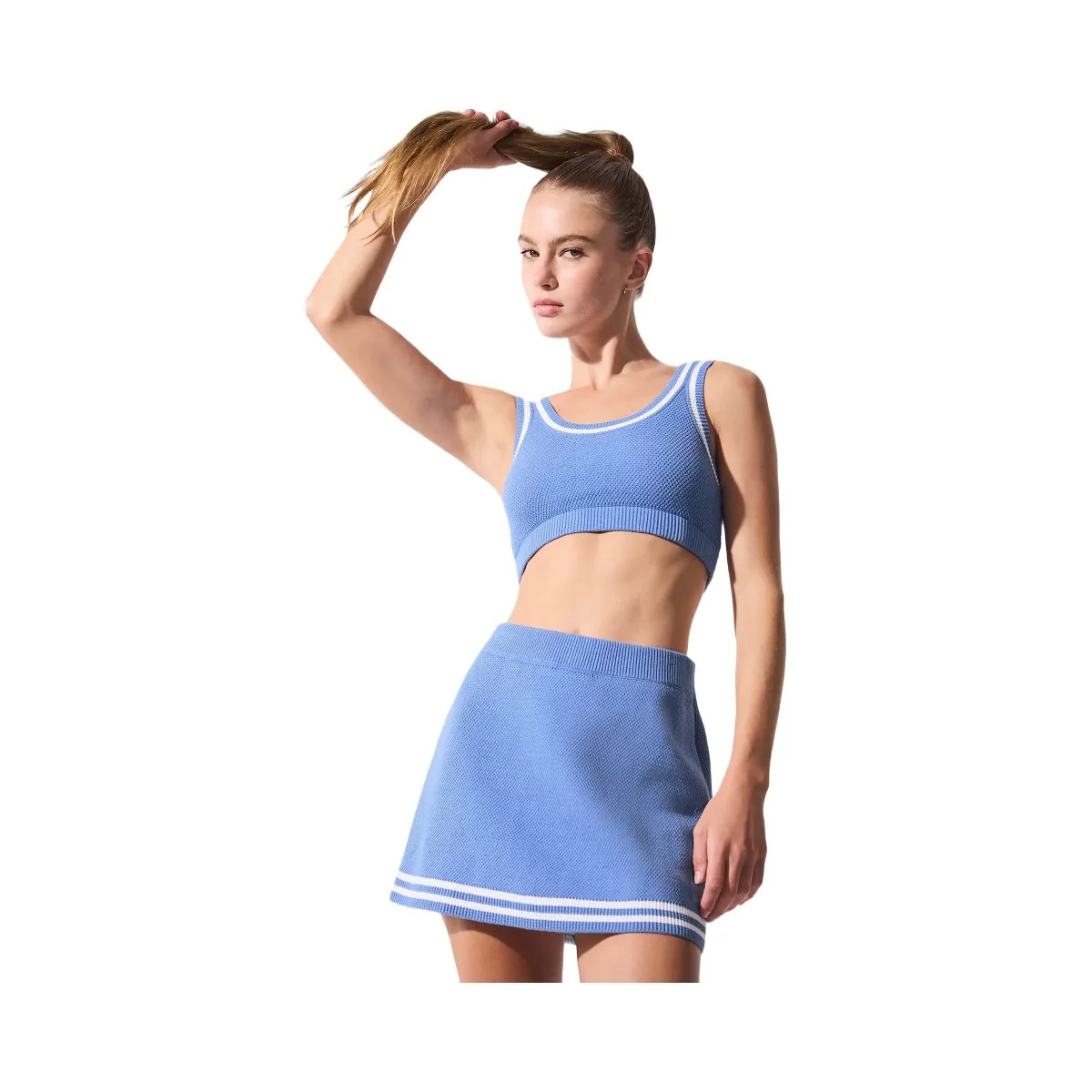 Alo Women's Tennis Club Sweater Knit Bra - Crystal Clear Blue/White - HypeFly India View 1