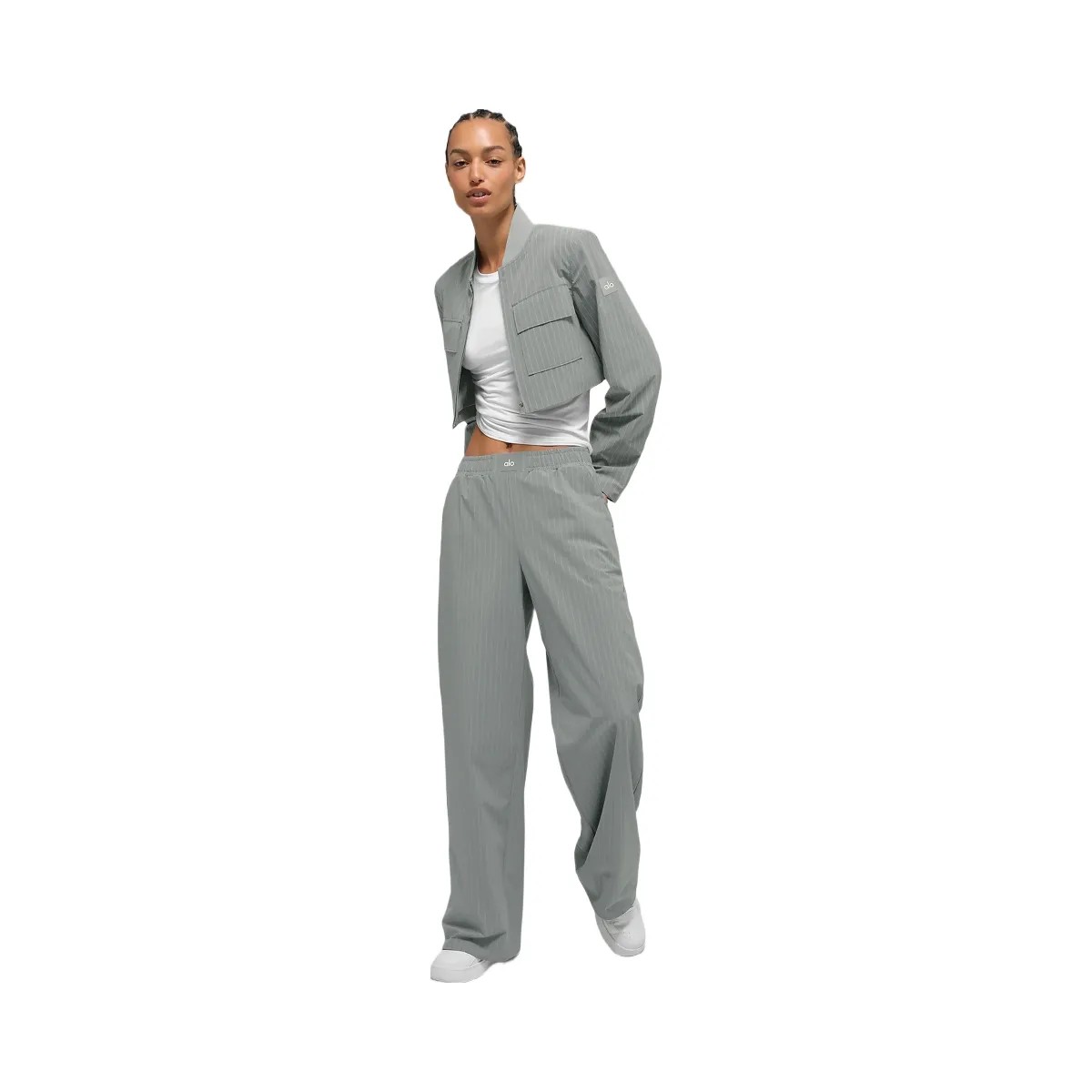 Alo Women's Cropped Pinstripe Main Character Full Zip Jacket - Lunar Grey/White - HypeFly India View 5