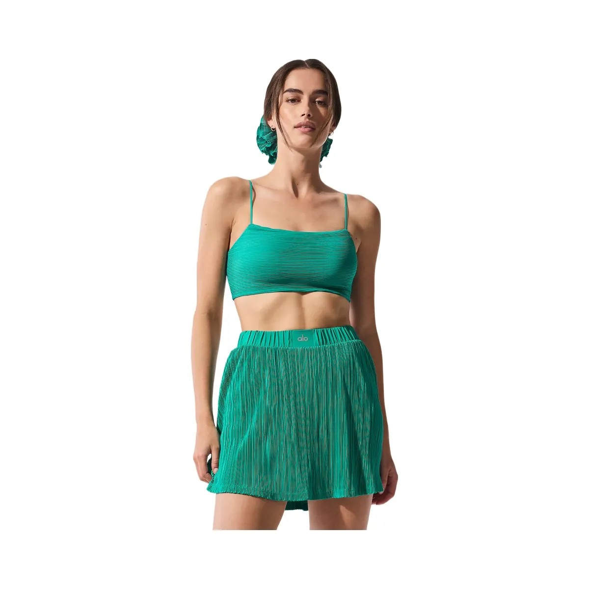 Alo Women's Micro Plisse Game On Bra - Spruce Green - HypeFly India View 4