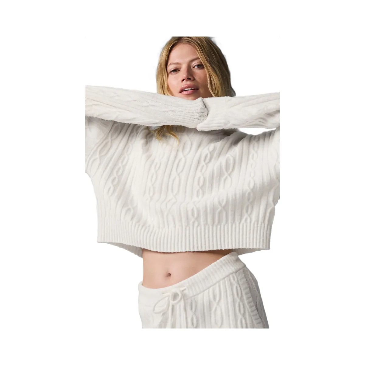 Alo Women's Cable Knit Winter Bliss Hoodie - Ivory - HypeFly India View 3