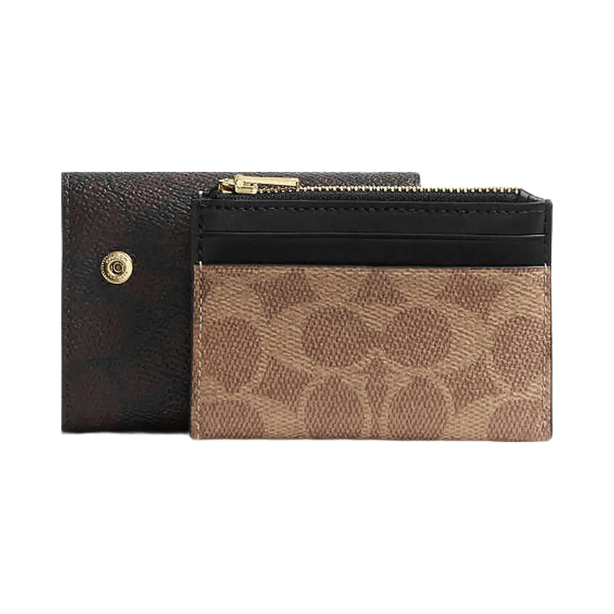 Coach Card Holder Wallet In Blocked Signature Canvas Signature Canvas-Gold-Walnut-Tan - HypeFly India View 1