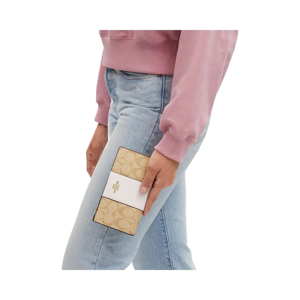 Coach Slim Zip Wallet In Signature Canvas With Stripe Signature Canvas-Gold-Light Khaki-Chalk Lt Saddle - HypeFly India View 2